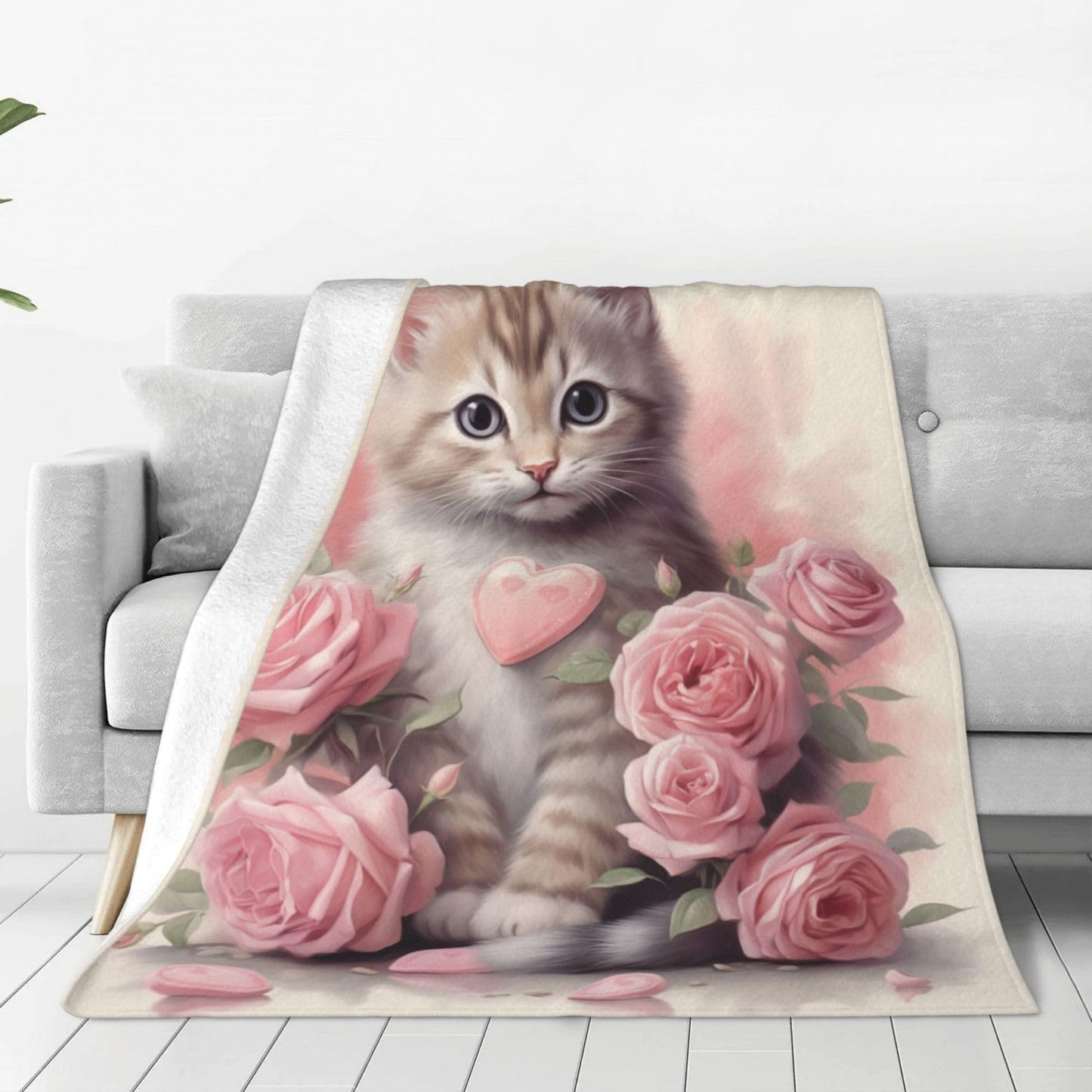 Turamurra Cute Cat Blanket Pink Rose Flowers Kitty Blankets for Mom Girls Women Cat Gifts Flannel Soft Warm Cozy Fuzzy Throw Blankets for Bed Sofa Decor Valentine Day Gifts 50"x60"