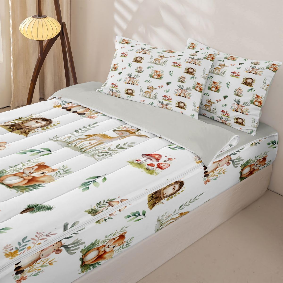 Erosebridal Woodland Animal Kids Zippered Comforter Set Kawaii Deer Hedgehog Squirrel Zipper Bedding Set Twin Size Cartoon Animals Bed in a Bag Cute Mushroom Pine Cones Leaves Comforter with Sheets