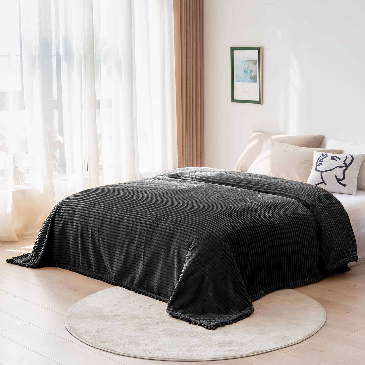 DISSA Fleece Blanket Throw Size – 51x63, Black – Soft, Plush, Fluffy, Fuzzy, Warm, Cozy – Perfect Throw for Couch, Bed, Sofa - with Pompom Fringe - Flannel Blanket Throw Blanket