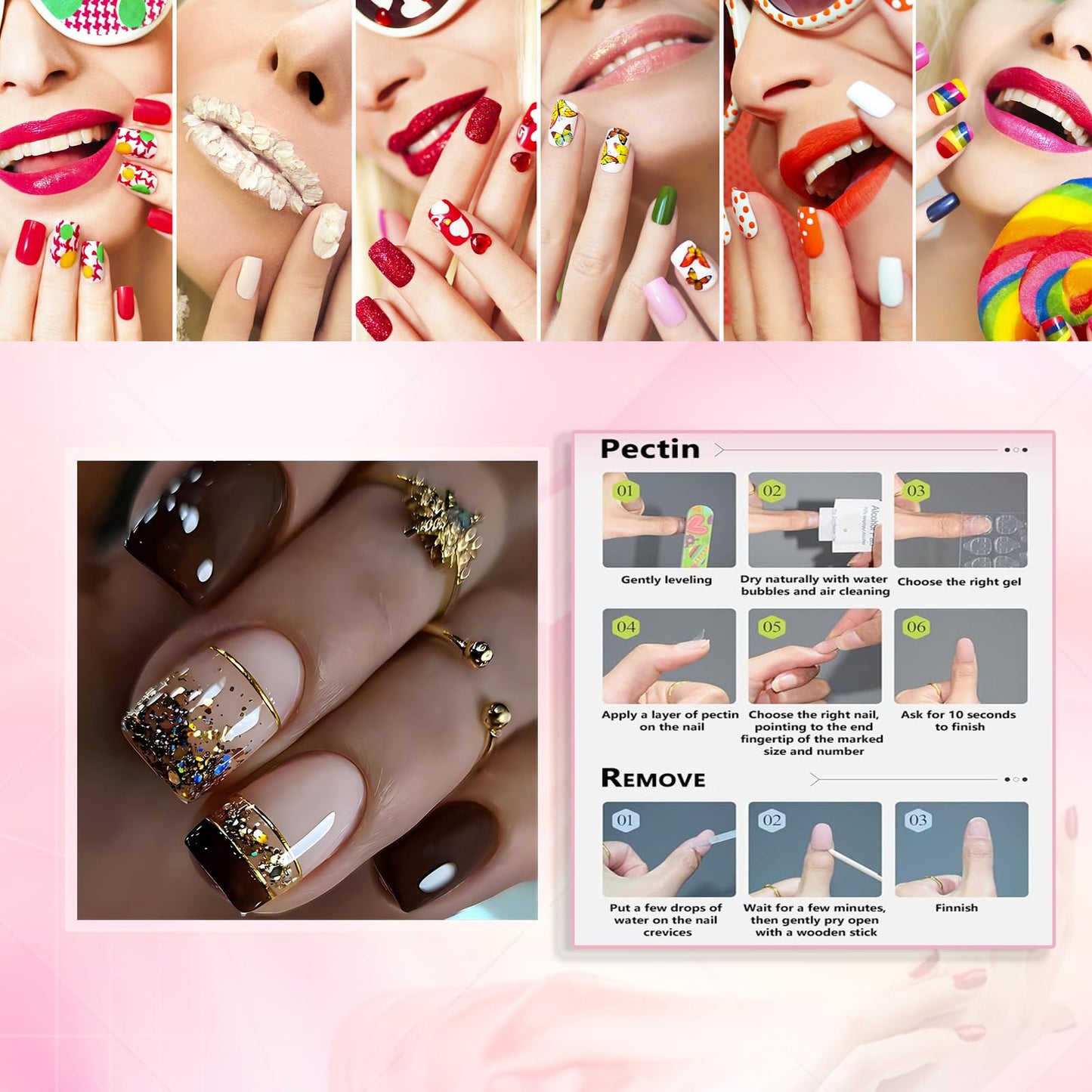 Rchovsam Brown Nails Press Ons Short Square Press on Nails French Tip Brown Design Fake Nails Sparkly Stick on Nails Full Cover Acrylic Gel False Nails Kit Gift for Womens 24pcs