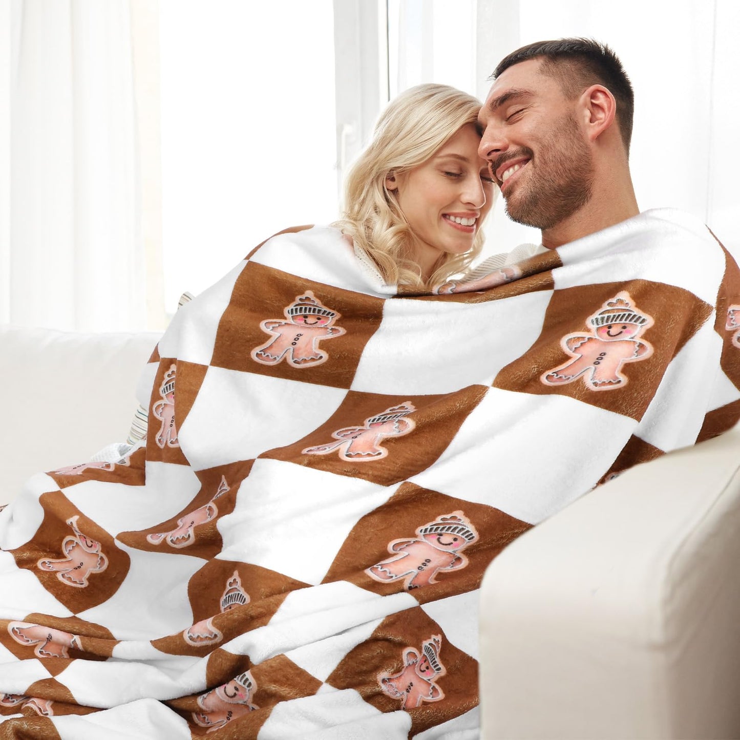 Tingjoo Christmas Gingerbread Man Throw Blanket Double Sided Xmas Fuzzy Blanket Brown White Cozy Soft Flannel Decor for Home Bed Sofa Couch Chair Xmas Gifts, 60 x 50 Inch (White Brown, Gingerbread)