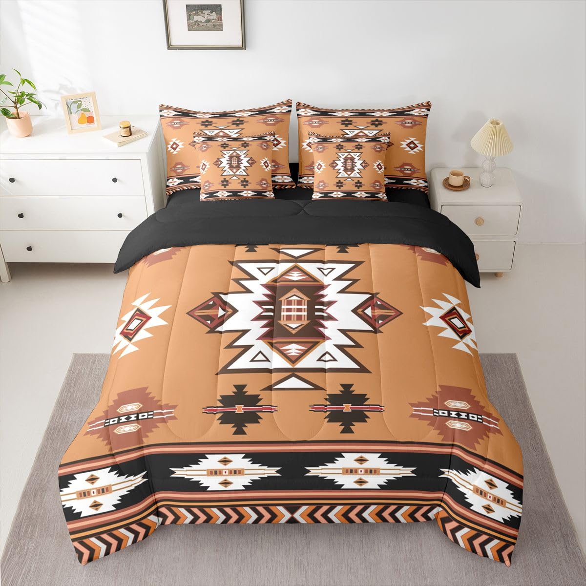 Erosebridal Western Twin Comforter Set with Sheets | Boho Decor Geometric 7 Piece Bedding Set Bohemian Aztec Bed in a Bag, Ethnic Tribal Arrow Room Decor,Brown