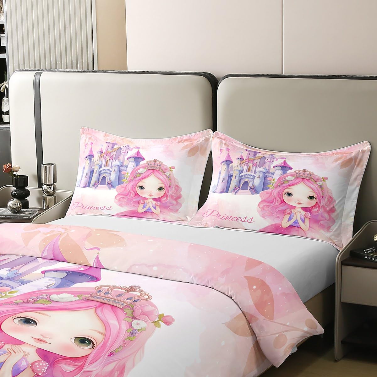 Manfei Princess 100% Cotton Duvet Cover Set Twin Size, Cute Fairytale Princess Girl Bedding Set 2pcs, Dreamy Castle Quilt Cover, Kids Girls Women Room Decor, 1 Pillowcase,No Comforter