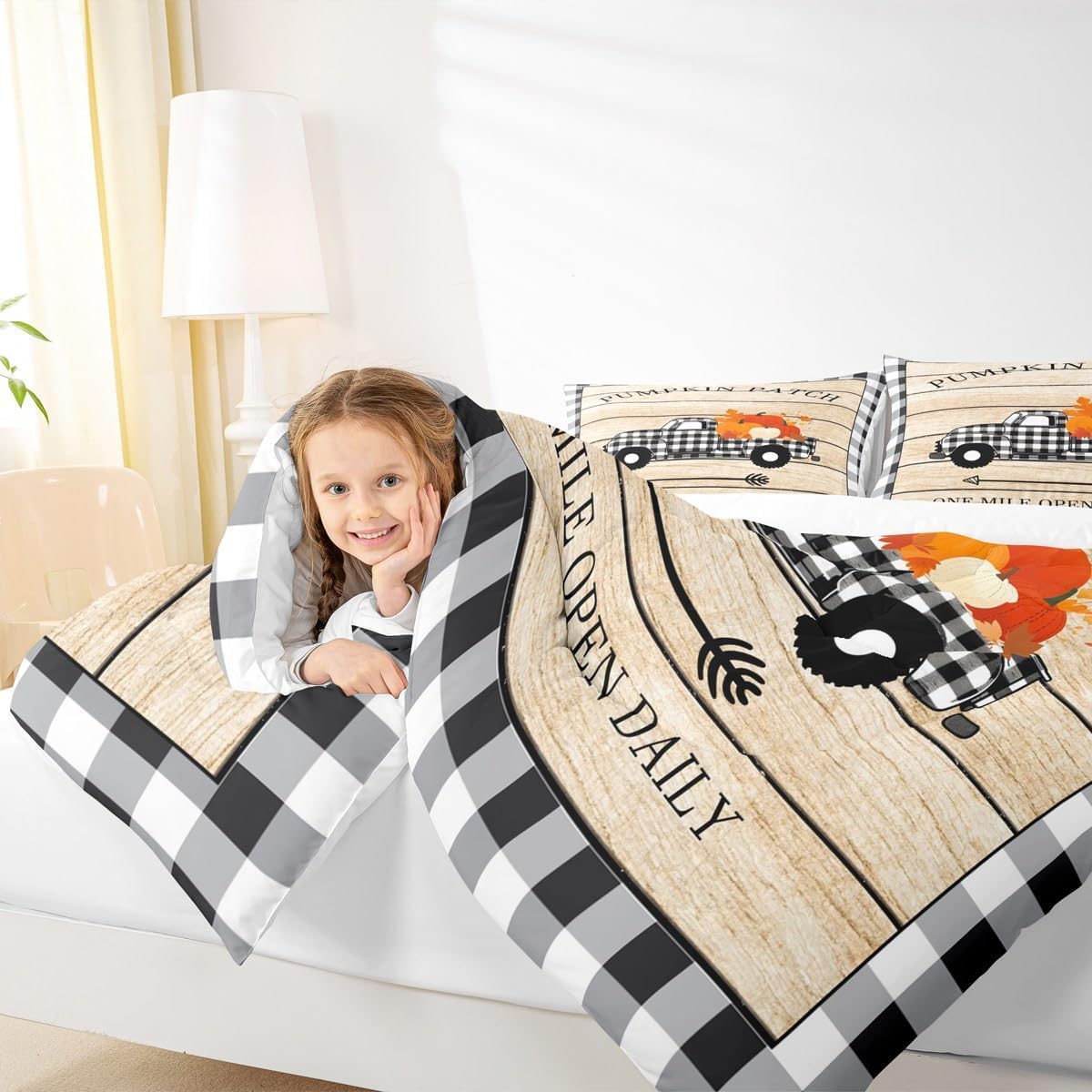 Homewish Pumpkin Grid Truck Bedding Set Queen Size,Rustic Farmhouse Comforter Set Kids Boys Girls Room Decor,Autumn Plants Themed Quilt Set Halloween Style Duvet Insert 3pcs with 2 Pillowcases