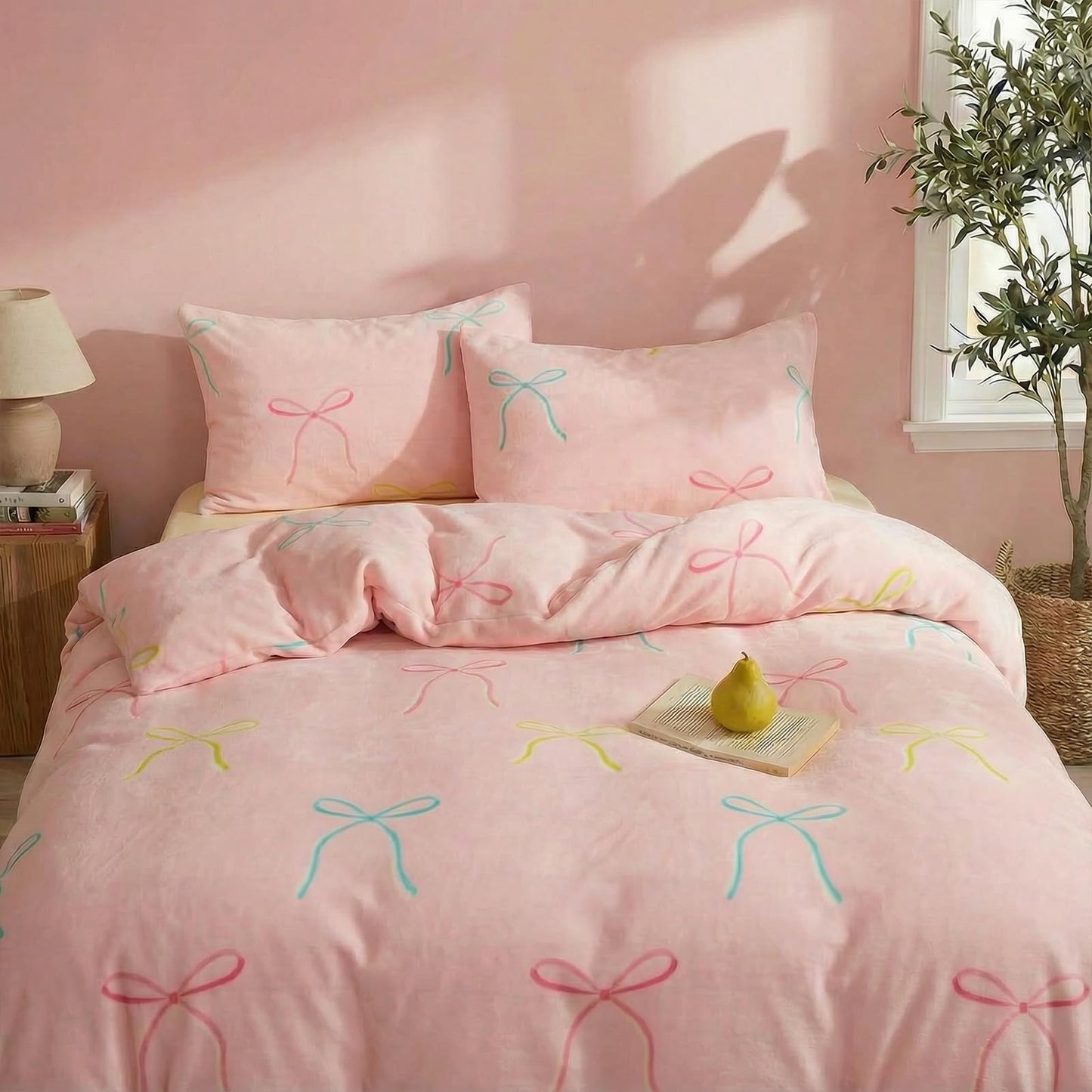 Bedbay Pink Bow Comforter Set King Size Warm Fluffy Fleece Bedding Set Cute Bowknot Teen Girls Ultra Soft Plush Velvet Comforter King Bed Set Sweet Bow Tie Dreamy Princess Style Bedding 3 Pcs