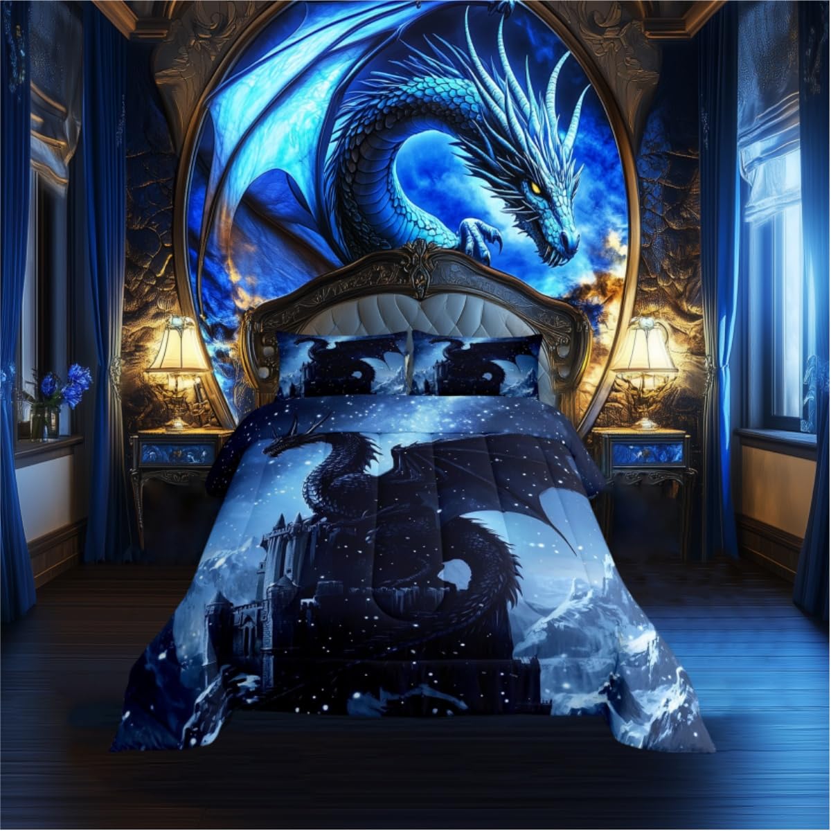 Mystery Dragon Kids Comforter Sets Toddler Size,Exotic Wildlife Castle Animals Bedding Comforter Sets,Winter Animals Heavy Snow Quilt Sets,Natural Snow Mountain Duvet Insert with 1 Pillowcase