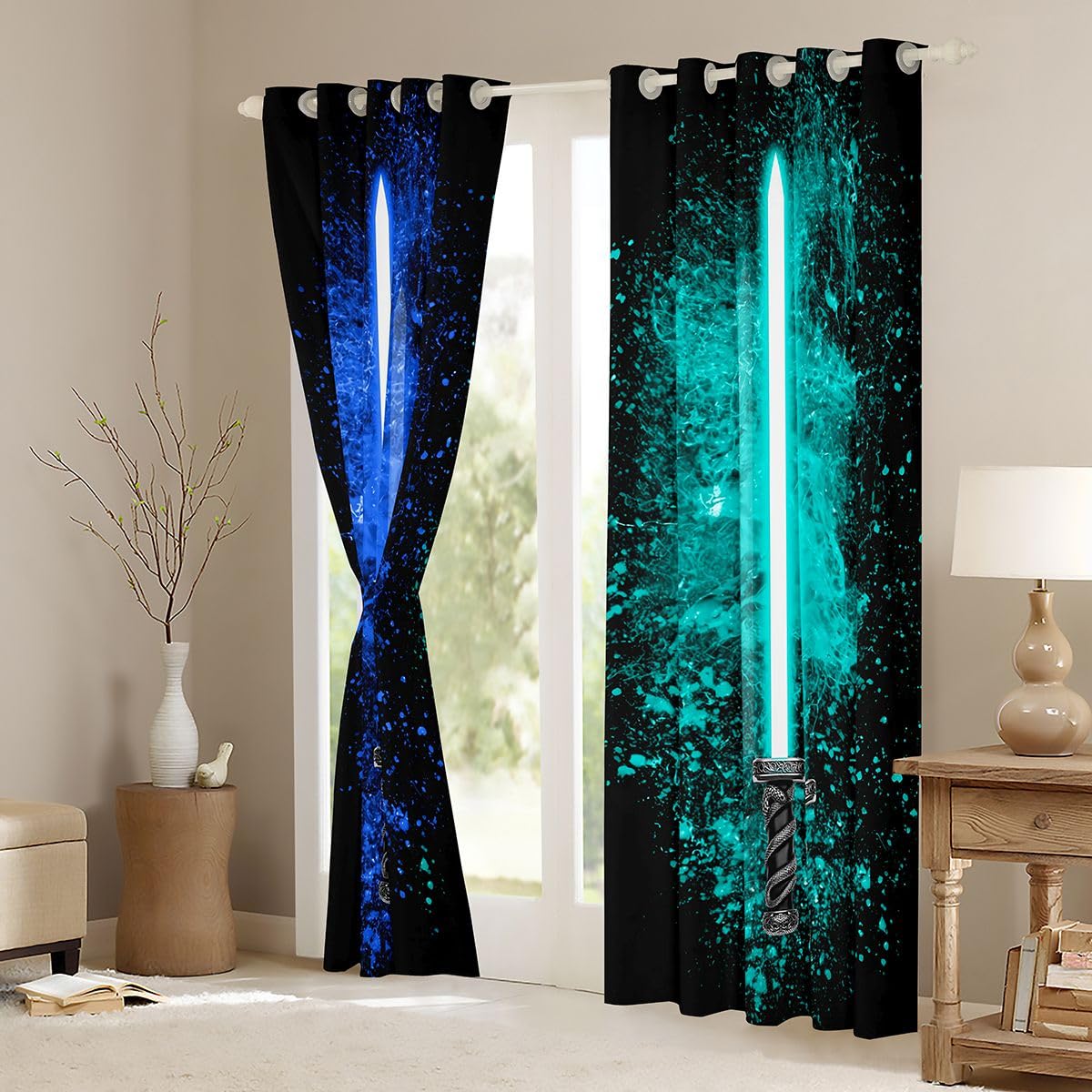 Feelyou Lightsaber Curtains for Girls Boy Home Decoration Lightsaber Rod Pocket Thermal Insulated Blue Teal 2 Panels Window Curtains Darkening Drapes for Bedroom Living Room 42W X 63L Inch