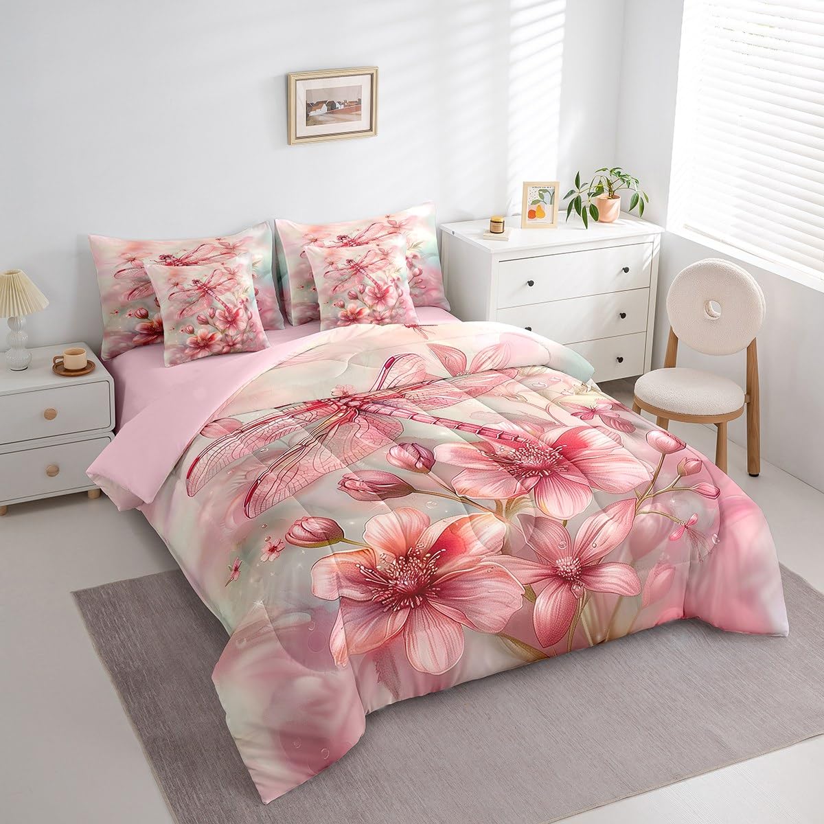 Erosebridal Pink Dragonfly Comforter Set Queen,Water Lily Floral Bedding Set 7Pcs for Kids Girls Women Lady,Dreamy Fairy Princess Style Bed in a Bag,Geometric Flying Wild Animal Quilt