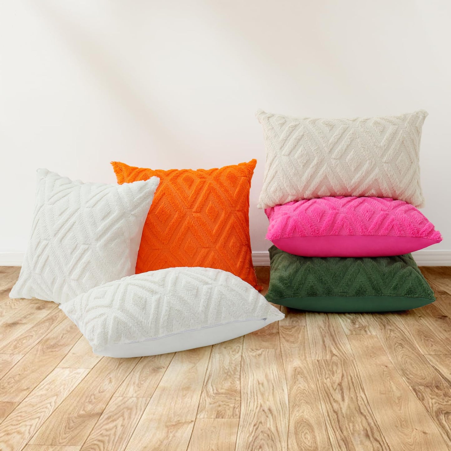 Pallene Fall Orange Throw Pillow Covers 16x16 Set of 2, Soft Plush Faux Fur Decorative Couch Pillow Covers for Sofa Bed Living Room Pillow Cases with 3D Diamond Pattern