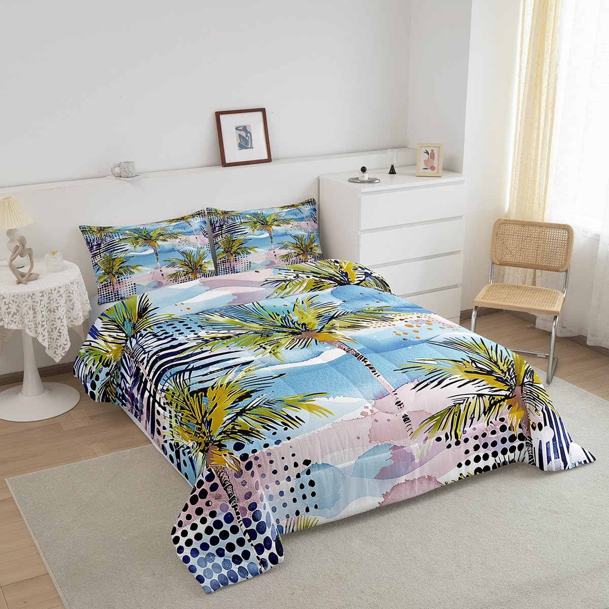 Manfei Sea Beach Comforter Set Twin Size Tropical Plant Theme Bedding Set 2pcs for Kids Boys Teens Room Decor, Palm Tree and Leaves Print Quilt Set Modern Fashion Duvet Set with 1 Pillowcase