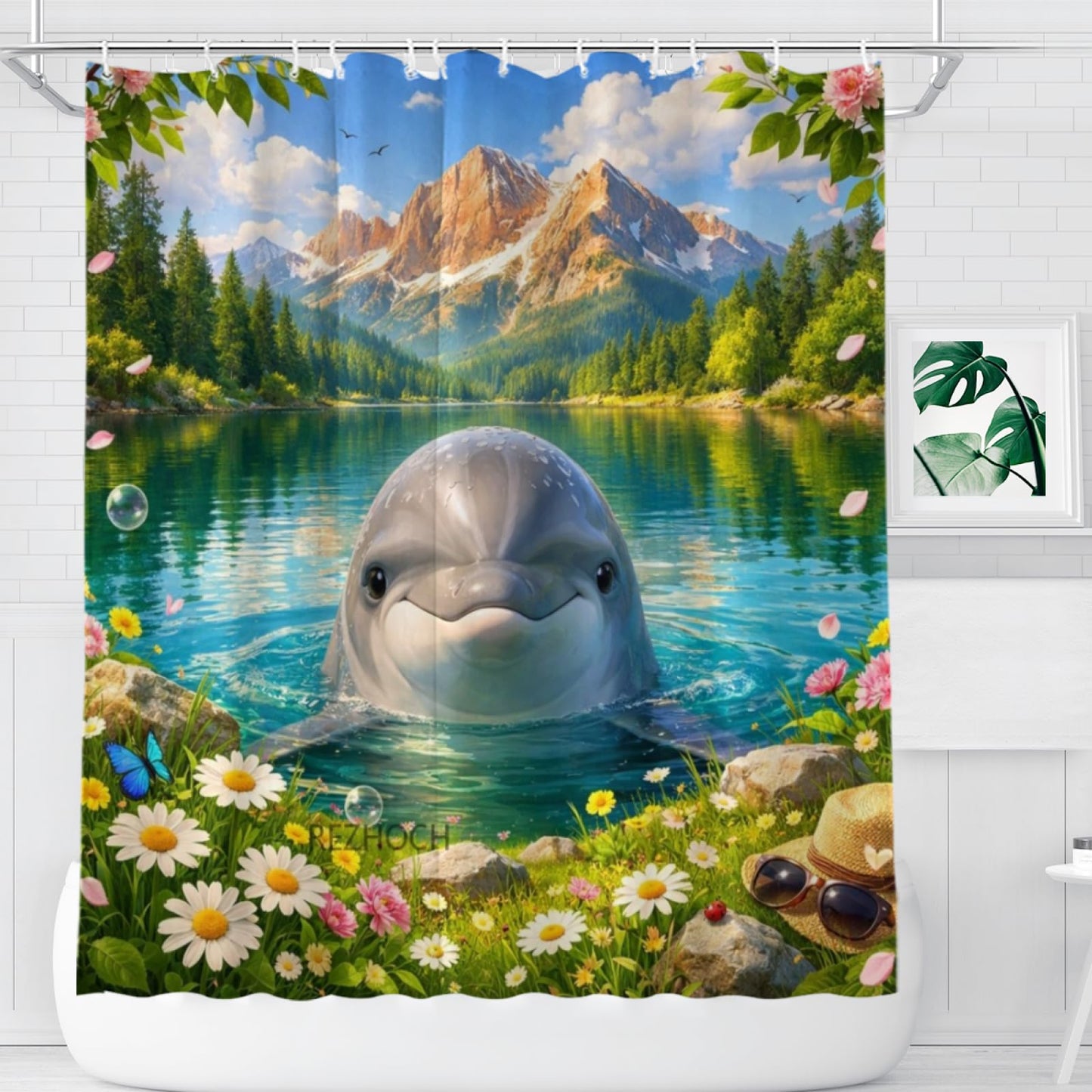 REZHOCH Funny Dolphin Alpine Lake Landscape Shower Curtain 72x72Inch Cute Animal Bathroom Decor Summer Wildflower Waterproof Fabric Nature Wildlife Scenic Bath Set with Hooks