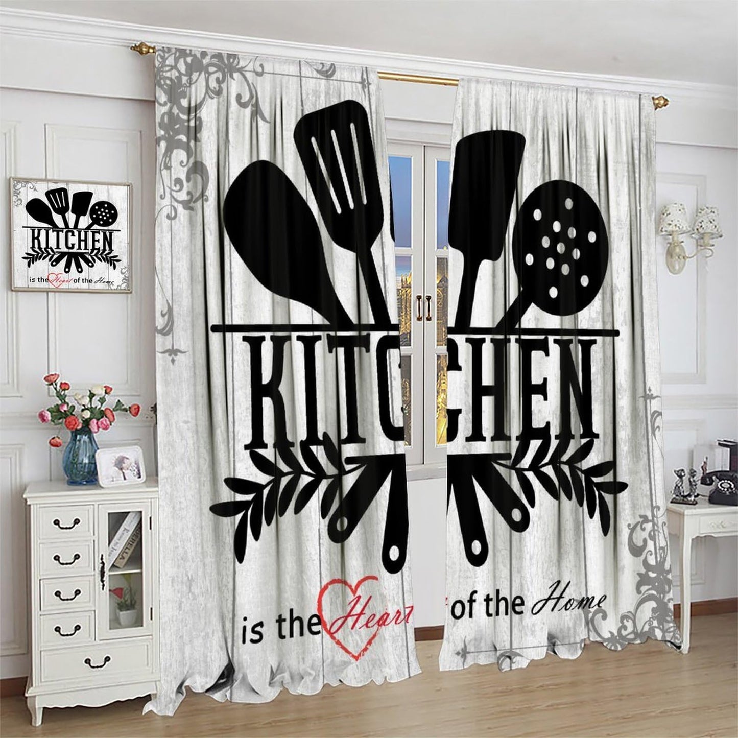 Fblifil Rustic Kitchen Curtains Funny Quotes Farmhouse Wooden Plank Wood Knife and Spoon Country Farm Rod Pocket Window Treatment for Bedroom Living Room Kitchen Decor 42" W X 45" L