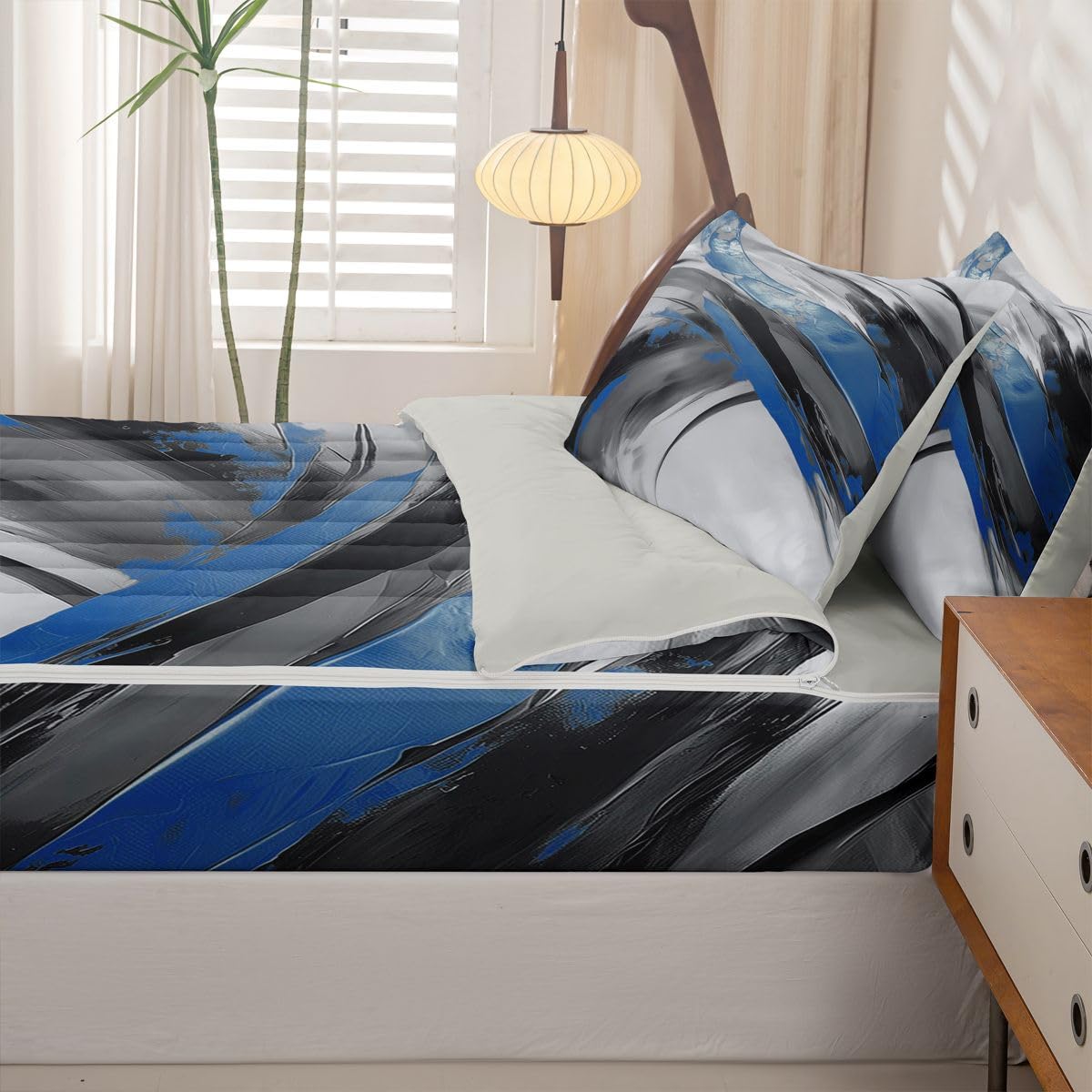 jejeloiu Blue Black Grey Abstract Zipper Bedding Twin Modern Art Bedding Sets for Kids Boys Girls Abstract Art Comforter Set with Fitted Sheet 2 Pillowcases Luxury One Zipper Bed Set for All Seasons
