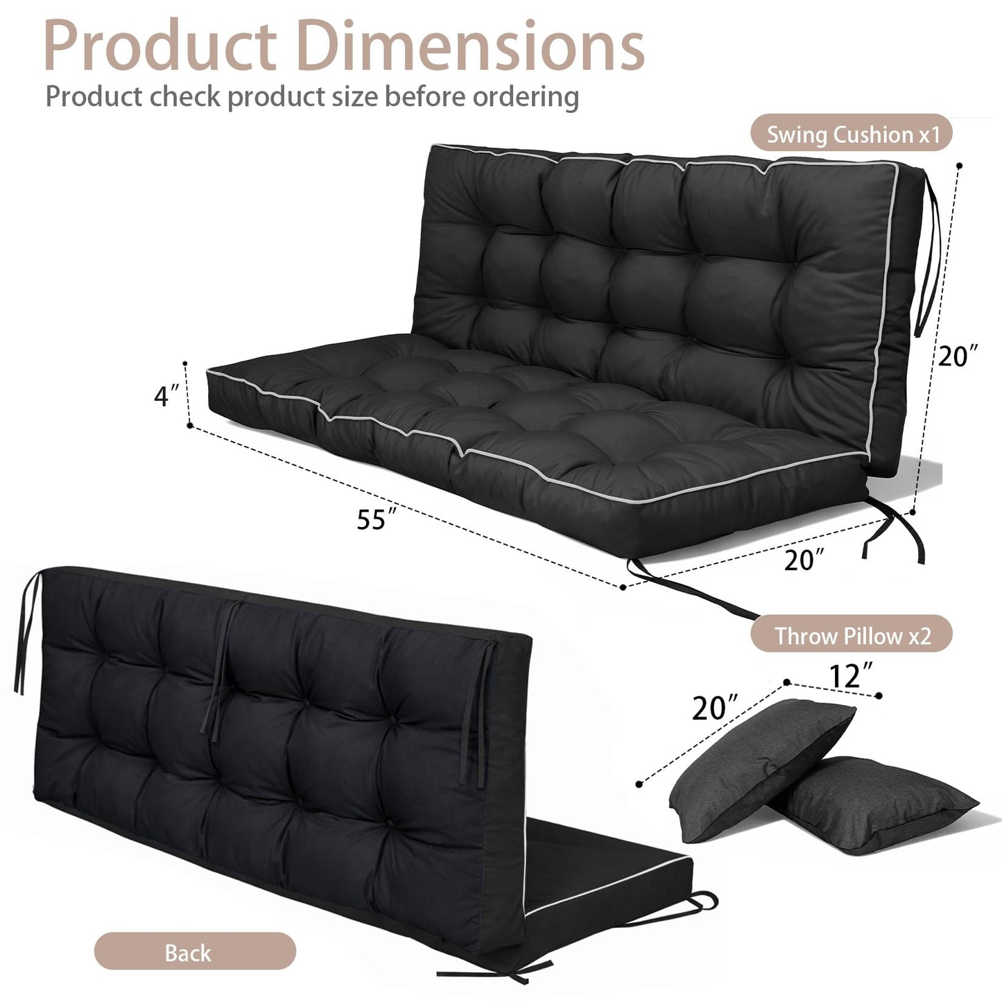 Kerkrot Porch Swing Cushions, Waterproof & Fade Resistant Outdoor Swing Cushion 55 Inch, Swing Cushions 3 Seater Replacement for Outdoor Furniture, Patio, Garden (Black, 55 x 40 inch)