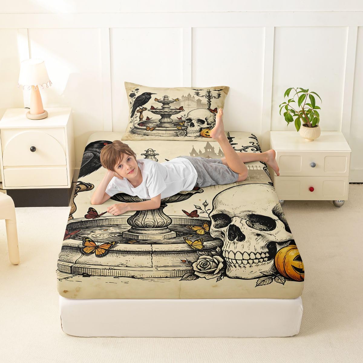 Erosebridal Gothic Skull Bed Sheets Twin Size Vintage Raven Butterfly Sheet Set Teens Adults Distressed Rose Fall Pumpkin Bedding Set Spooky Halloween Sheets