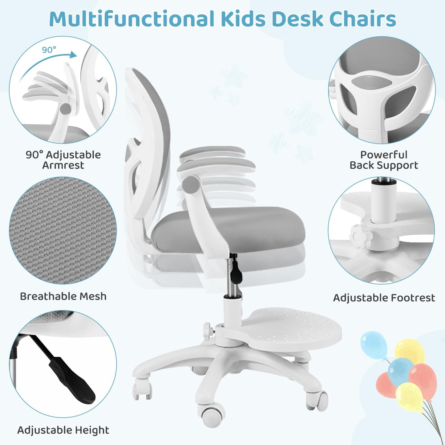 HOMMOW Kids Desk Chair,Ergonomic Kids Study Chairs with Adjustable Height,Breathable Mesh Removable,Non-Slip Footrests,Suitable for Children Aged 5-12 Years Old,Gray