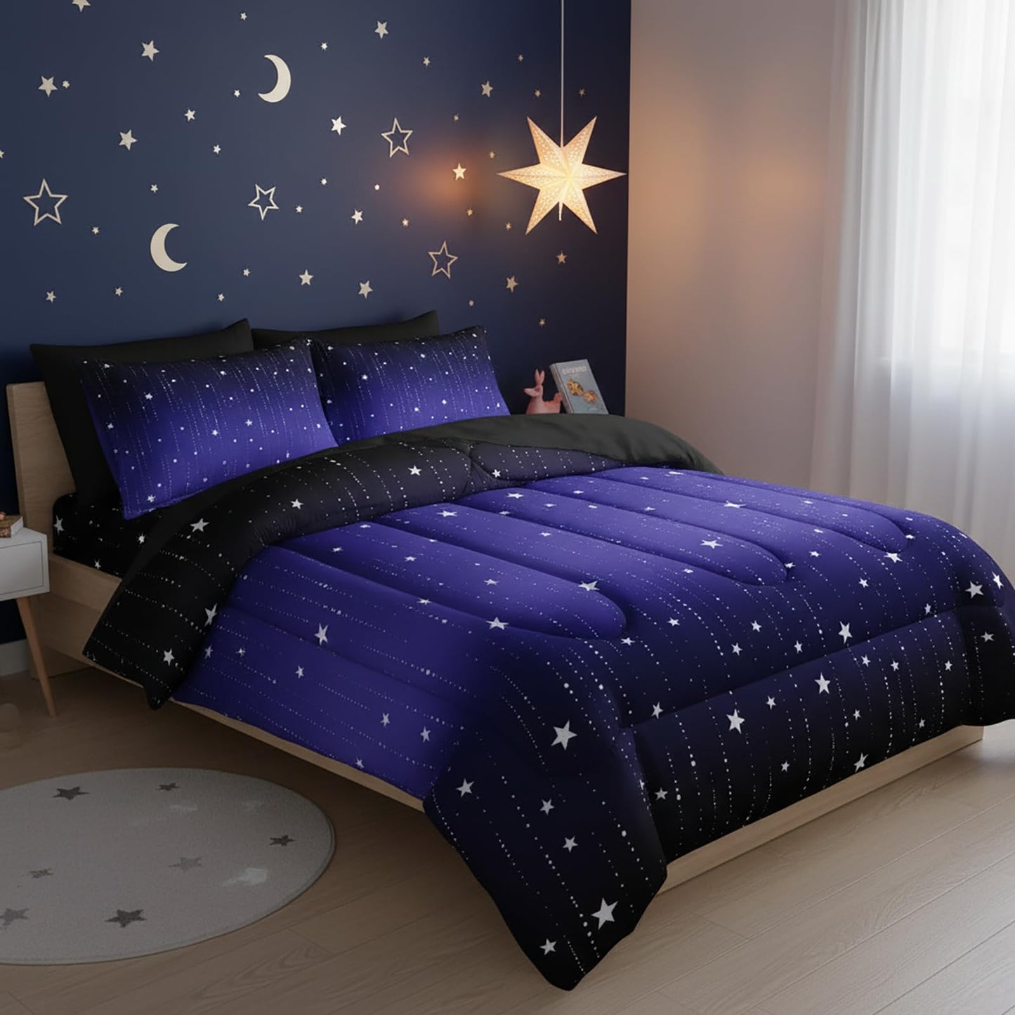 QOOMO Blue Galaxy 7 Pieces Comforter Set Queen Size,Starry Sky Bedding Set for Kids Teens Boys-Include 1 Comforter,1 Fitted Sheet,1 Flat Sheet,2 Printing Pillowcases and 2 Black Pillowcases