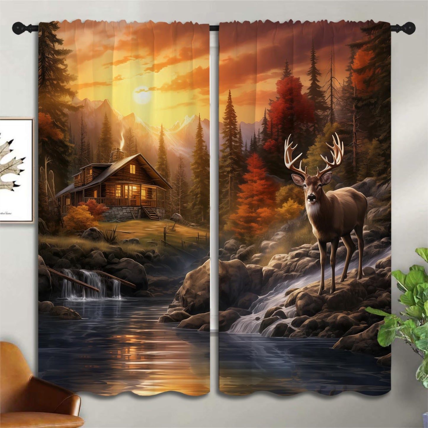 Rustic Cabin Deer Boy Girls Blackout Curtains, Western Sunset Farm Country Farmhouse Elk Lodge 2 Panel Rod Pocket Thermal Insulated Drapes, for Kids Room Bedroom Living Room Home Decor 42x45 inch