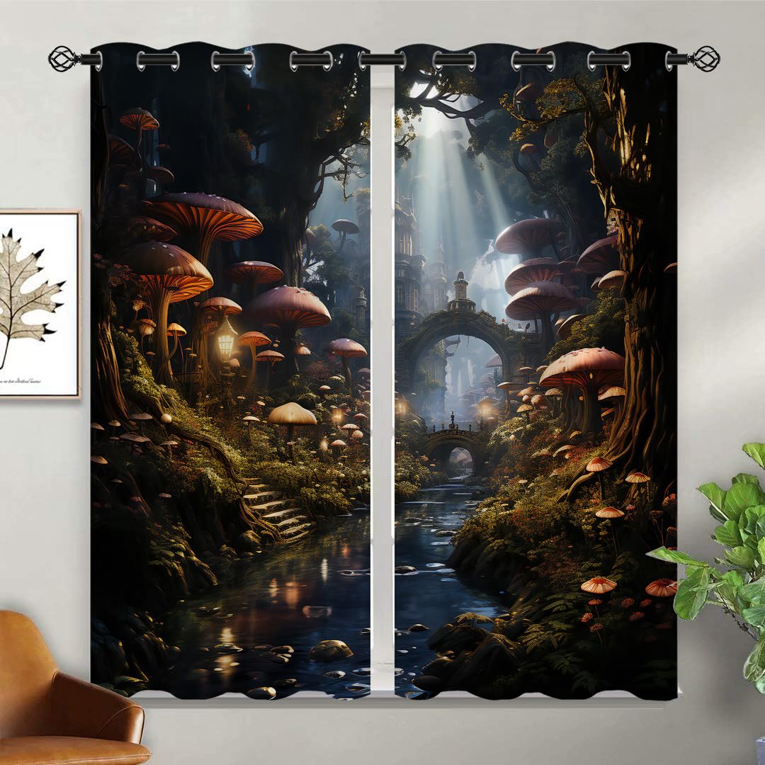 ONINUO Mushroom Magic Forest Blackout Curtains for Girls Boy Home Decor, Fairy Tale Enchanted Castle Grommet Thermal Insulated Drapes Darkening Window Curtain for Bedroom Living Room, 42 x 45 Inch