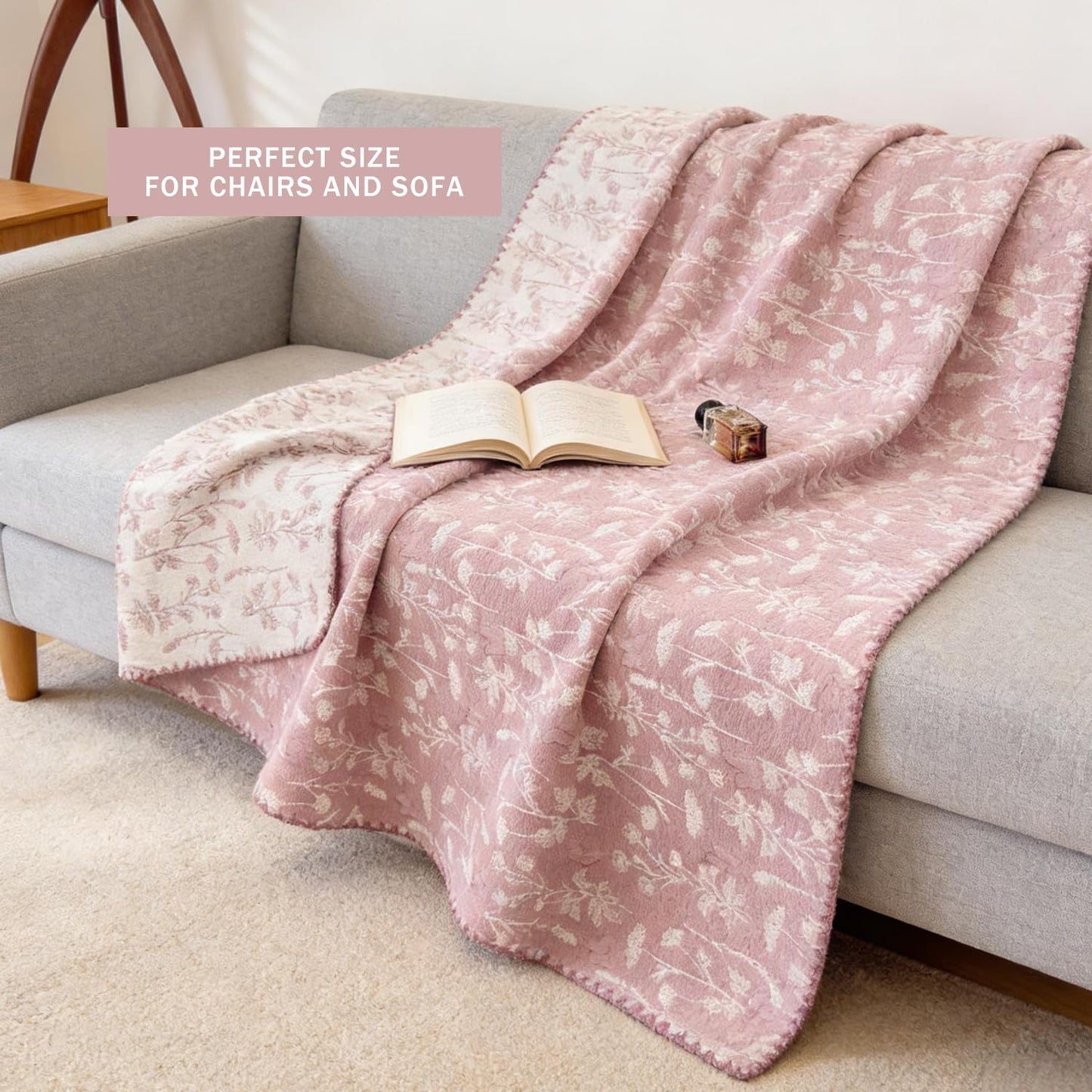 SANACYNA Cotton Muslin Blankets for Adults Leaves Pink Twin Size Quilt 3-Layer Reversible Lightweight Breathable Lap Throw Quilt for Sofa Couch Bed All Season RV (Leaves Pink, Twin 60 x 80 in)