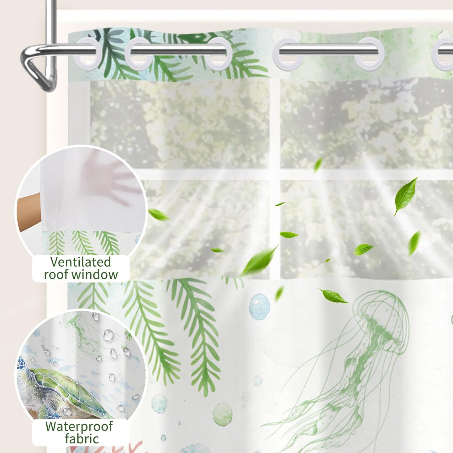 Snap On Shower Curtain Set 71x74 Inch, Hookless 2-in-1 Waterproof Curtain with Liner, Easy Install No Rings Needed, Beautiful Green Sea Turtle Underwater Scene, Durable Polyester Fabric