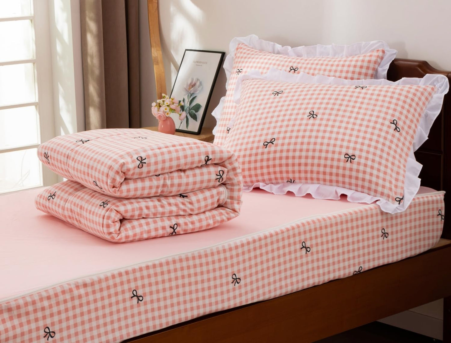 Meeting Story Zipper Bedding Twin Bow Zip Up Bedding Set for Girls and Kids, Pink 3 Pcs Comforter Bed in a Bag with Fitted Sheet and 2 Pcs Pillowcases(Lightpink,Twin)