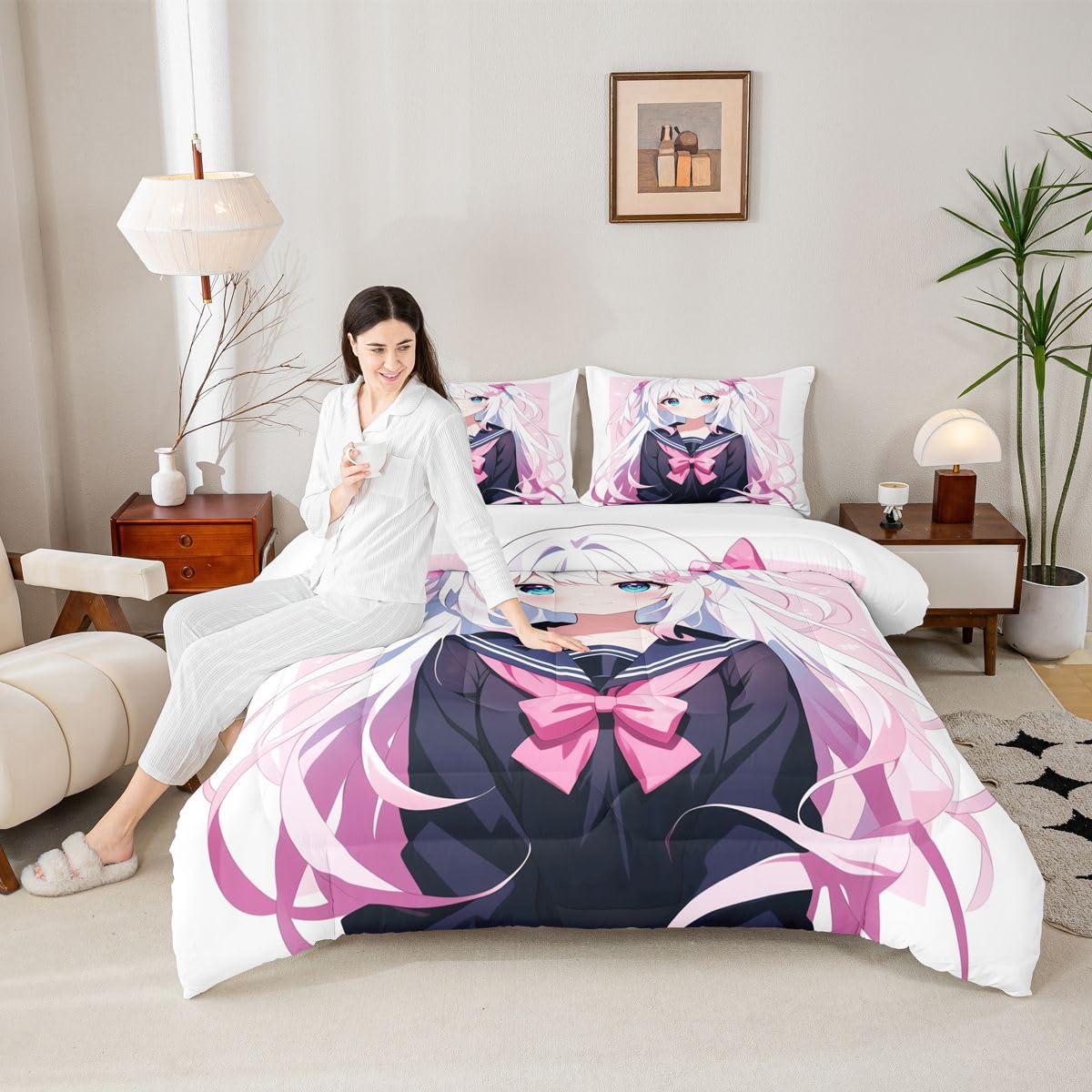 Erosebridal Kawaii Japanese Girl Comforter Set Cartoon Anime Bedding for Kids Boys Girls 3D Japanese Style Bedding Comforters & Sets Sailor Suit Uniform Girl Design Duvet Insert Full Size