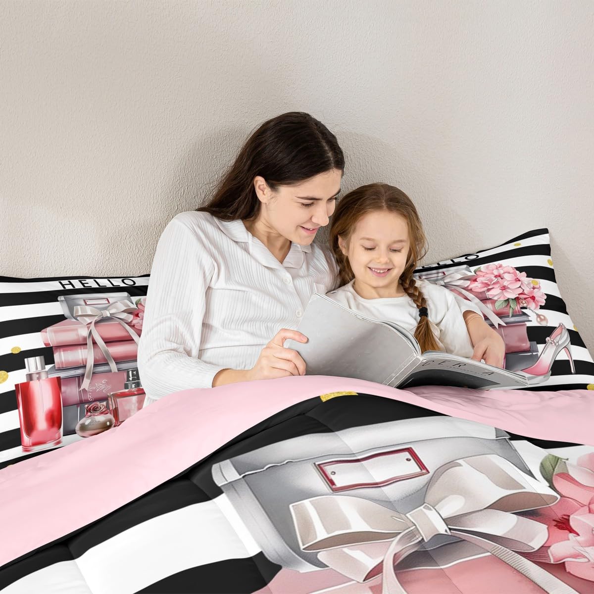 Erosebridal Black and Pink Comforter King Size Fashion Black White Girly Bedding Set for Girl Women Modern Flower Floral Perfume Striped Duvet Insert High Heels Magazine Books Bed Sets