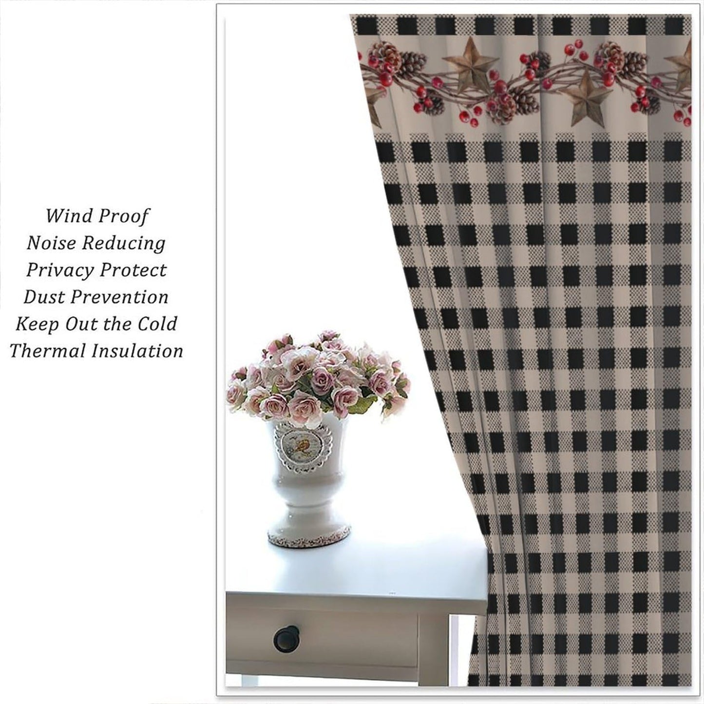 Nanacur Rustic Farmhouse Curtains, Vintage Country Black White Buffalo Plaid Pine Cone Berry Western Texas Print Window Treatments for Kitchen Bedroom Cafe, 42" W X 45" L