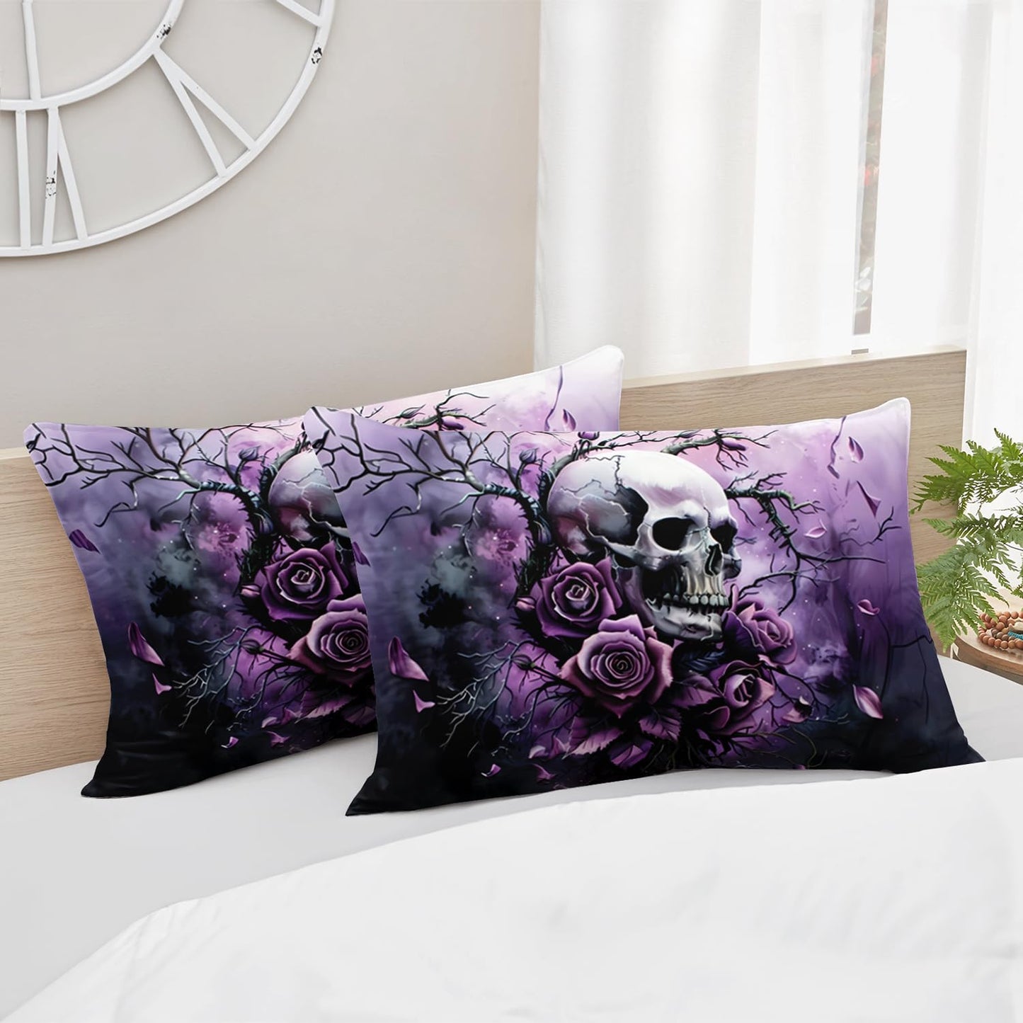 HOSIMA Death Skull Twin Fitted Sheet,Skull Surrounded by Flowers Print Gothic Bedding Set,Branch Pattern Horror Themed Halloween Bedding for Boys Girls Room Decor,1 Fitted Sheet+2 Pillowcases.
