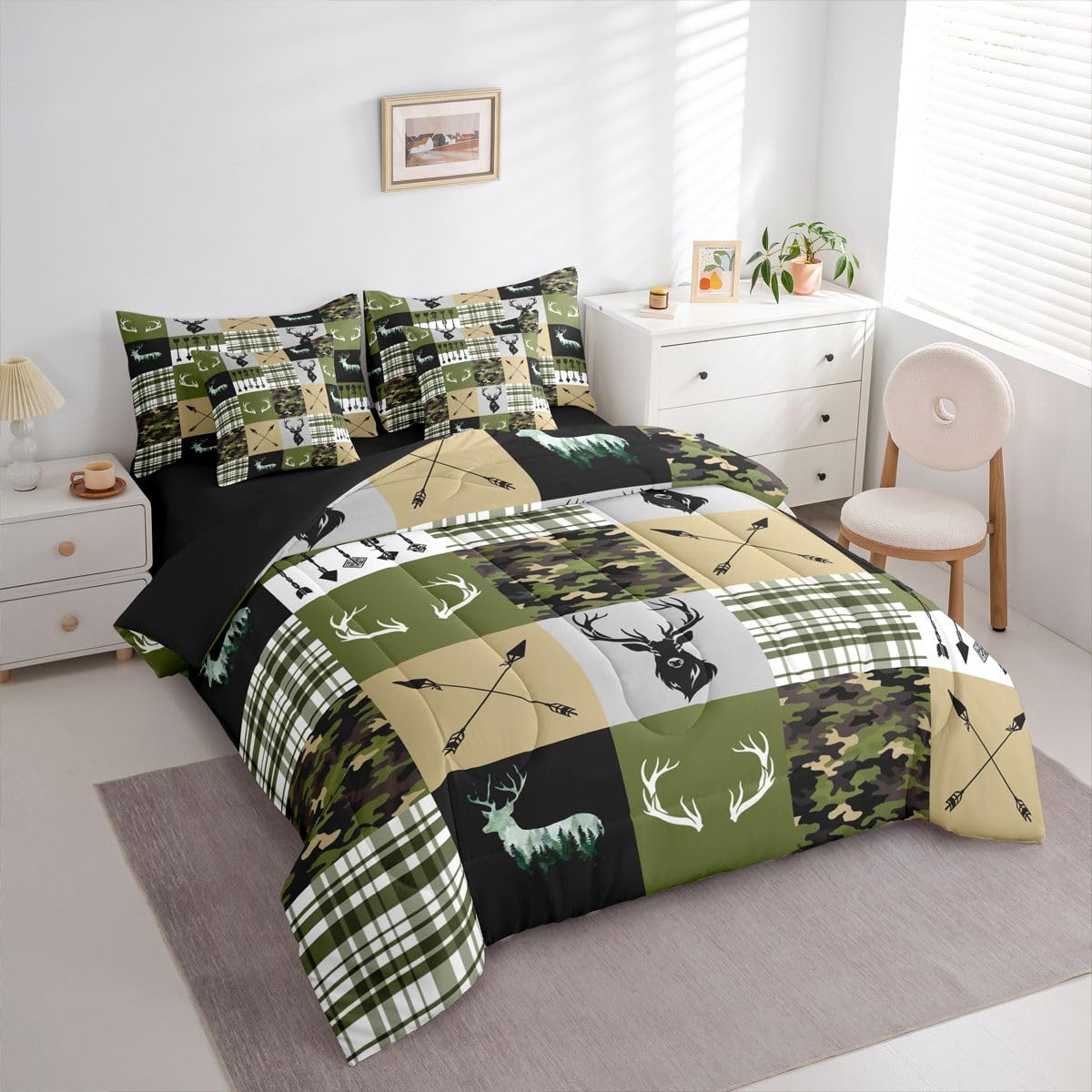 Feelyou Camo Comforter Set Twin Size 7 Pieces Deer Hunting Bedding Set for Kids Boys Girls Camouflage Bed in a Bag with Comforter, Sheets, Pillowcases, Cushion Covers Antlers Bedroom Decor Quilted