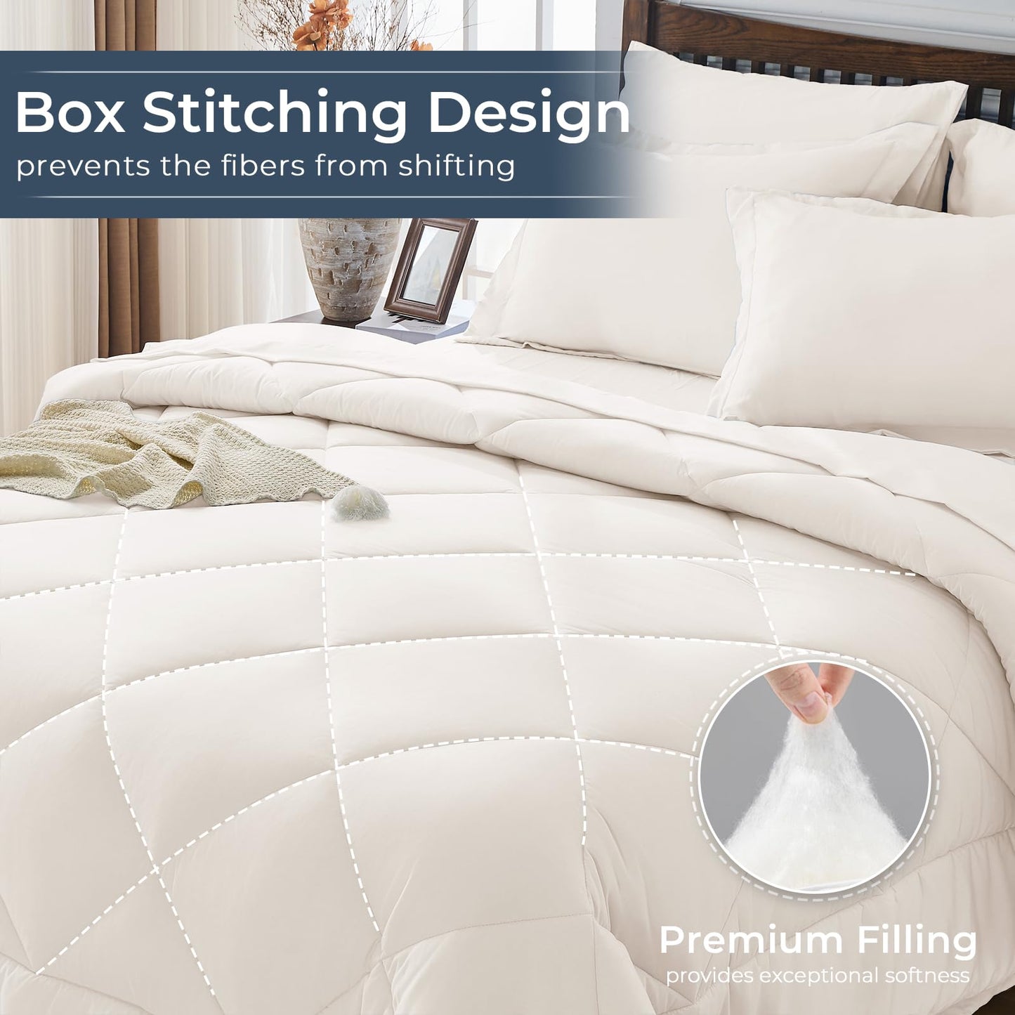 HEVUMYI Ivory Queen Comforter Set - 7-Piece All Season Bed in a Bag Queen, Ultra Soft Bedding Set with Comforter, Flat Sheet, Fitted Sheet, Pillowcases, Pillow Shams