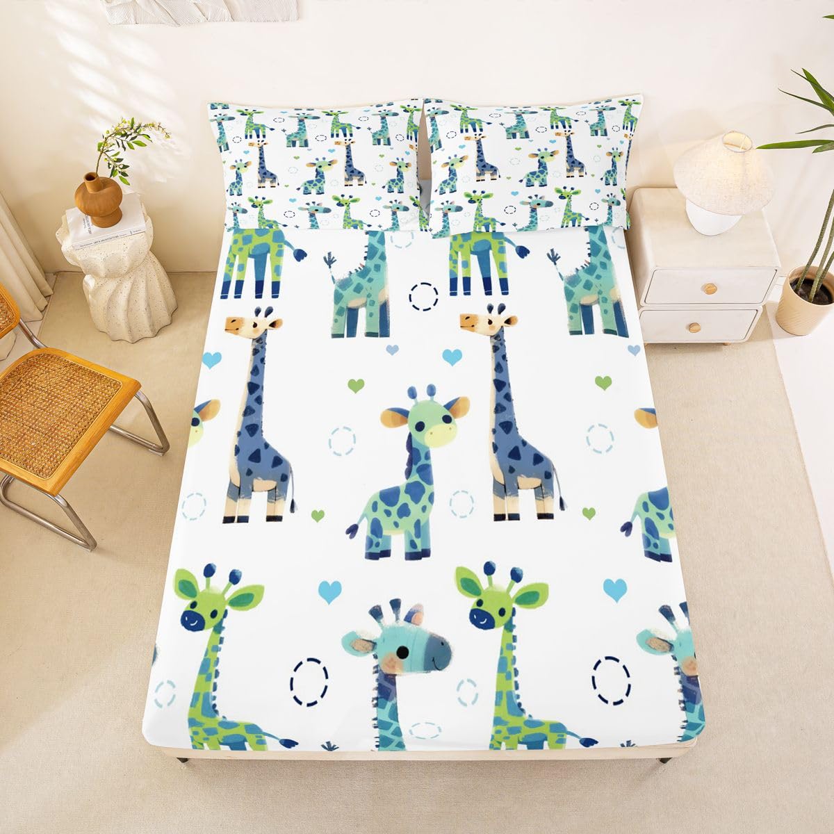 Erosebridal Giraffe Sheet Set Full Cartoon Kawaii Bed Sheets for Kids Boys Girls Geometric Circle Flat Fitted Sheet Contemporary Sheets 3 Pcs