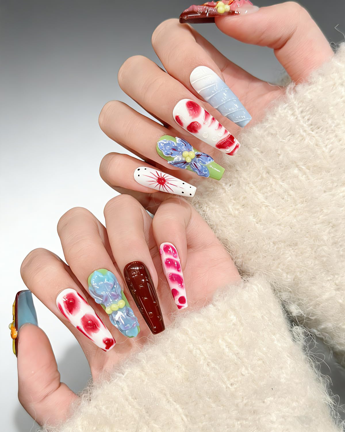 CAMILCY Handmade Press on Nails Long Coffin Glossy 3D Floral Luxury Fake Nails Red Brown Acrylic Nails Art for Women Daily Party Handcrafted Artisan10pcs Nails (B21, M)