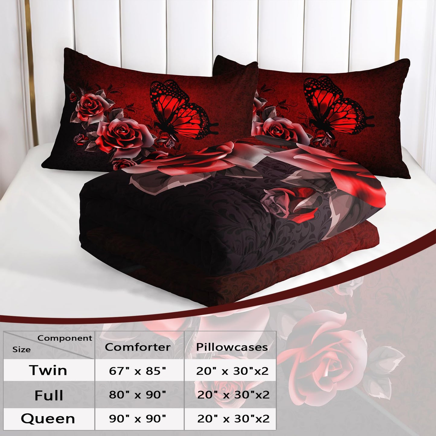 AILONEN Butterfly Comforter Set Queen Size, Red Rose Butterfly 3D Print Style Bedding Set for Teens Girls Women,Butterfly Art Pattern Soft Lightweight Duvet Set 3 Pieces(1 Comforter + 2 Pillowcases)