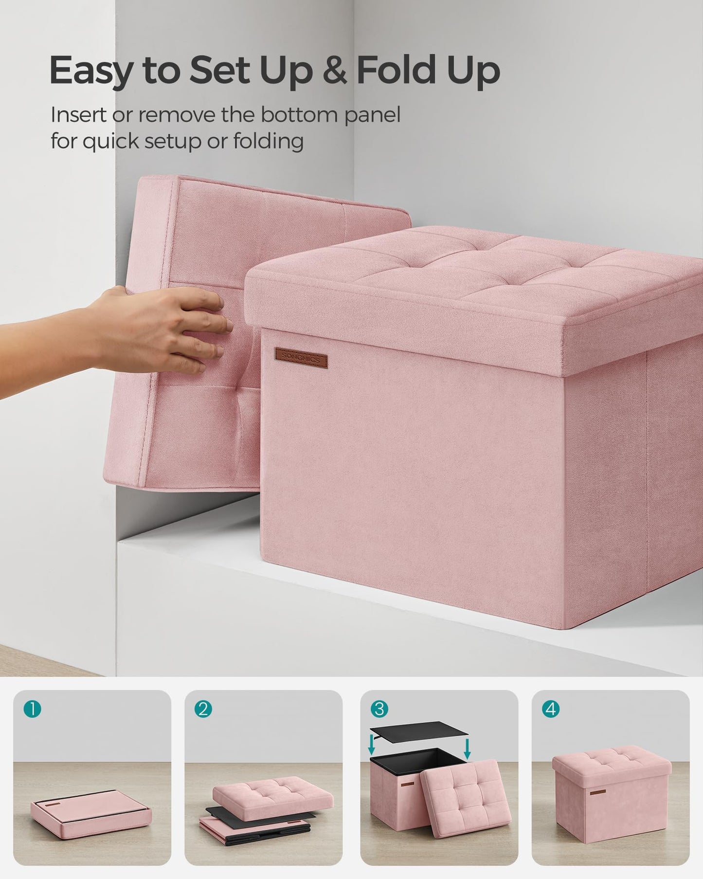 SONGMICS Storage Ottoman, Foldable Small Ottoman Foot Rest, 12.2 x 16.1 Inches Foot Stool, Load up to 286 lb, for Living Room, Bedroom, Dorm, Jelly Pink ULSF200R01