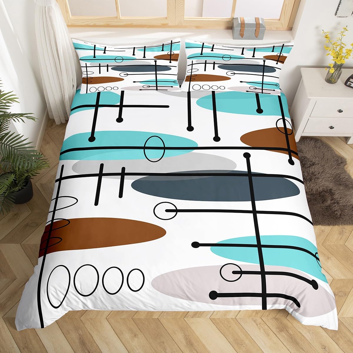 Erosebridal Mid Century Duvet Cover King Modern Minimalist Bedding Set, Hippie Old Fashion Comforter Cover Abstract Artwork Bed Set, Aesthetic Lines Circles Bedding Teal White Grey (Zipper Closure)