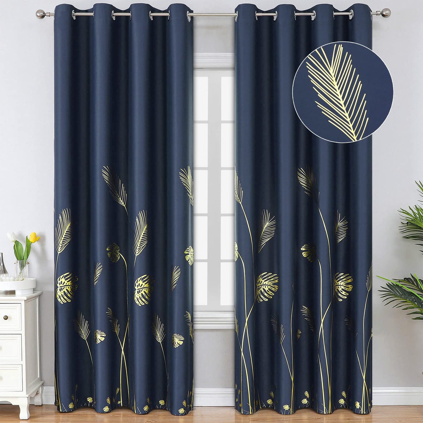 Estelar Textiler Navy Blue Blackout Curtains for Living Room 84 Inch Length 2 Panels Set, Gold Palm Leaves Printed Window Drapes, Energy Saving Curtains for Bedroom, 52Wx84L
