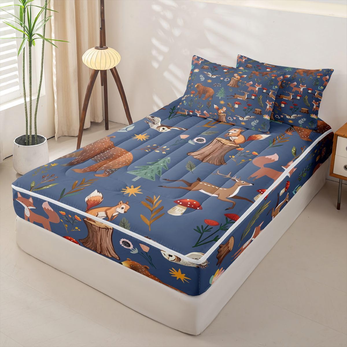 Erosebridal Woodland Animal Zip Up Bedding Set Twin Bear Deer Forest Theme Zipper Comforter Set with Sheets Cartoon Wildlife Hunting Theme Bed in a Bag Rustic Cabin Mushroom Wild Dark Blue Bed Sets