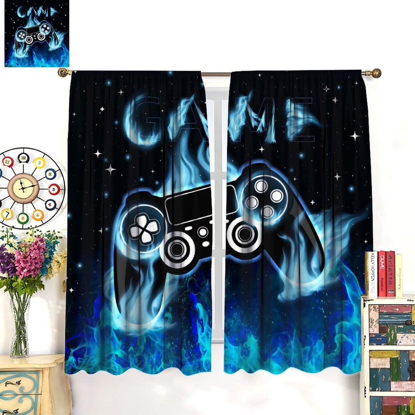 wlsgdsg Blue Gamer Curtains for Boys,Fantasy Cartoon Flame Video Computer Gamepad Starry Window Treatments Print for Kids Teenage Bedroom Living Room 41x44.5in（No Blackout）