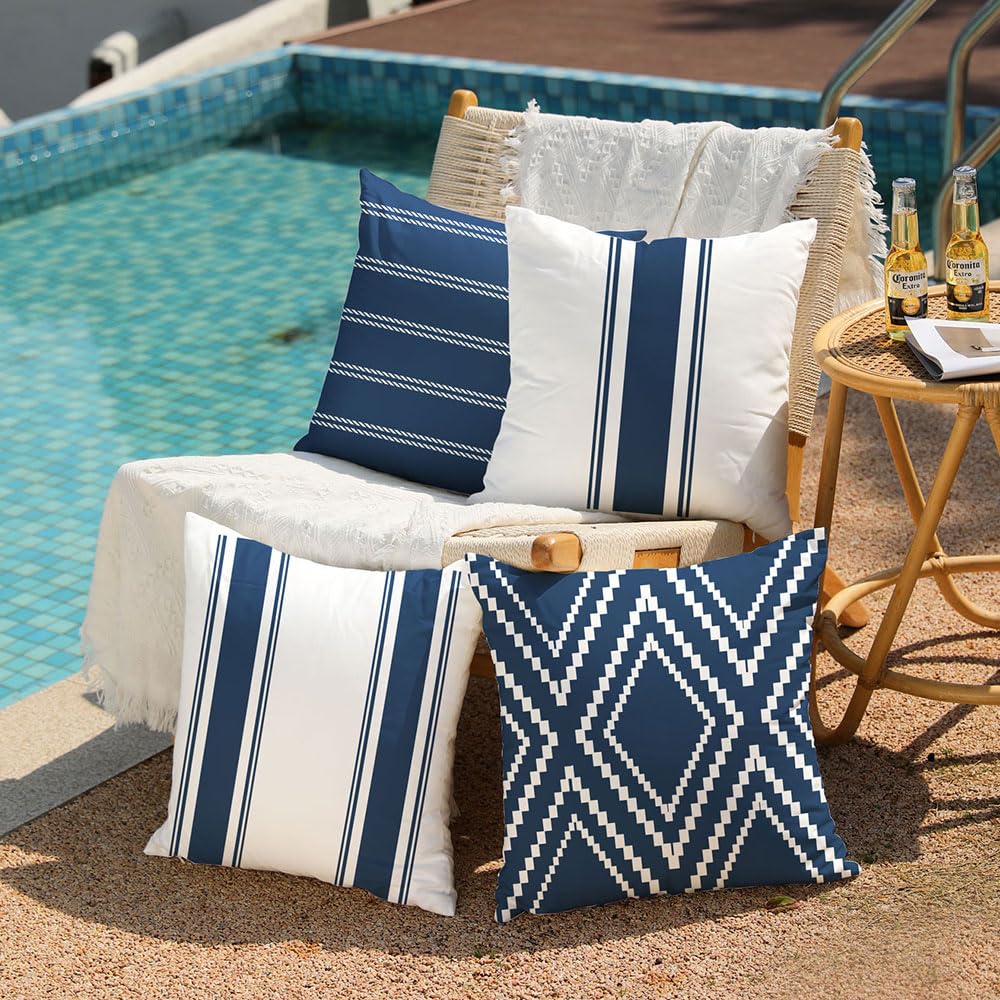 DFXSZ Outdoor Pillow Covers 18x18 Inch Set of 4 Navy Blue Waterproof Modern Geometry Throw Pillows Outdoor Summer Waterproof Decor for Patio Funiture Garden Polyester Cushion Covers 013N18