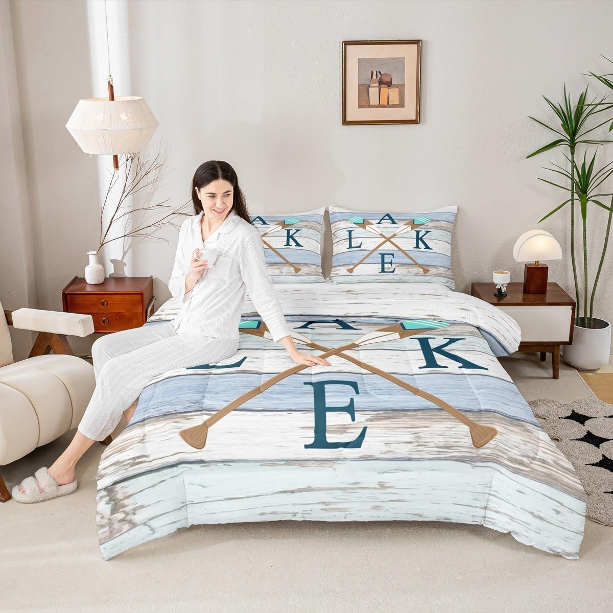 Castle Fairy Wooden Stripes Comforter Set for Kids Room Decor Rowing Boating Oar Print Bedding Comforter Queen Size Rustic Nature Lodge Cabin Soft Polyester Quilt Set with 2 Pillowcases
