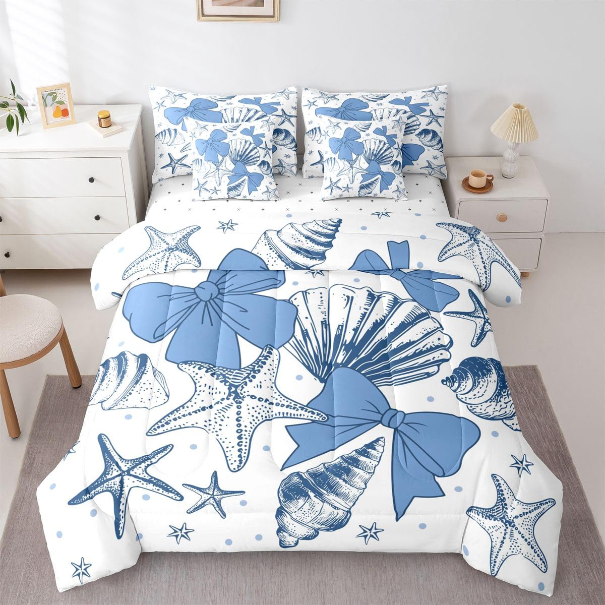 Feelyou Starfish Beach Comforter Set with Sheets 7 Piece King Size Blue Bow Bedding Set for Kids Boys Girls Ocean Marine Shell Bed in a Bag Bow Knot Print Room Decor Coastal Beach Ocean