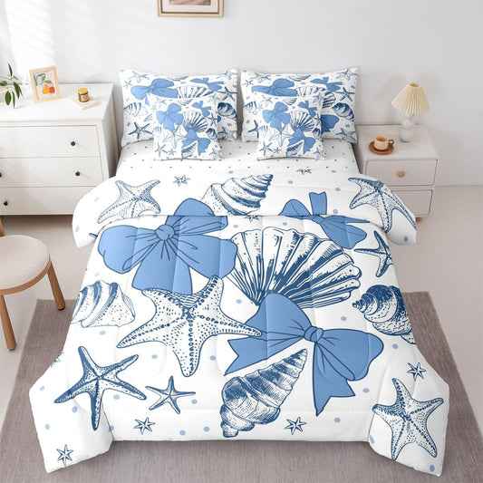 Feelyou Starfish Beach Comforter Set with Sheets 7 Piece King Size Blue Bow Bedding Set for Kids Boys Girls Ocean Marine Shell Bed in a Bag Bow Knot Print Room Decor Coastal Beach Ocean