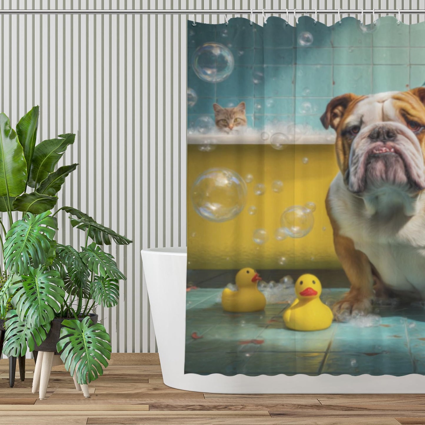Wordatu Bulldog- Shower Curtain Bathroom Set 72X72 Inches Funny Cat Lovely Animals in Bathtub for Boys Bath Farmhouse Art Home Decor Fabric 12 Hooks