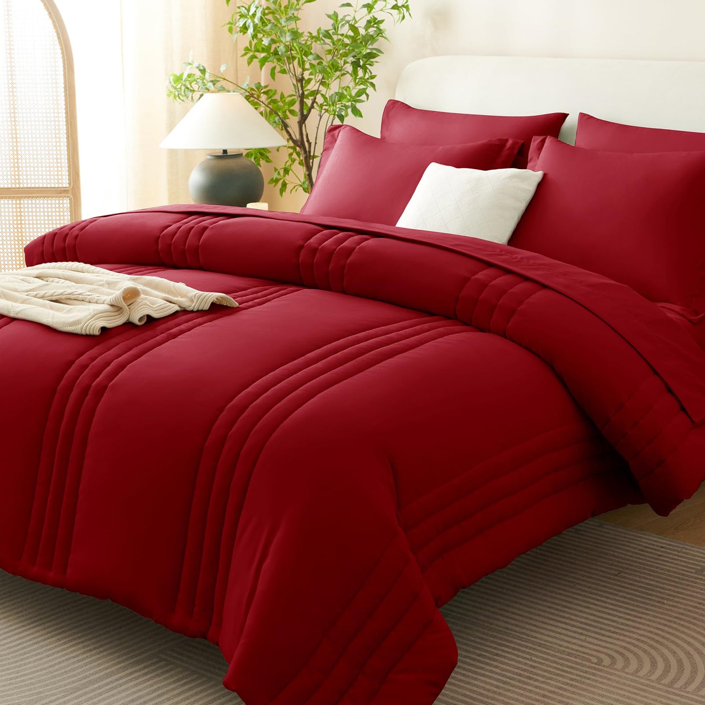 CozyLux Full Size Comforter Sets Dark Red - 7 Pieces Bed in a Bag, Modern Vertical Quilted Room Decor, Soft All-Season Bedding Gift with Comforter, Sheets, Pillowcases & Shams