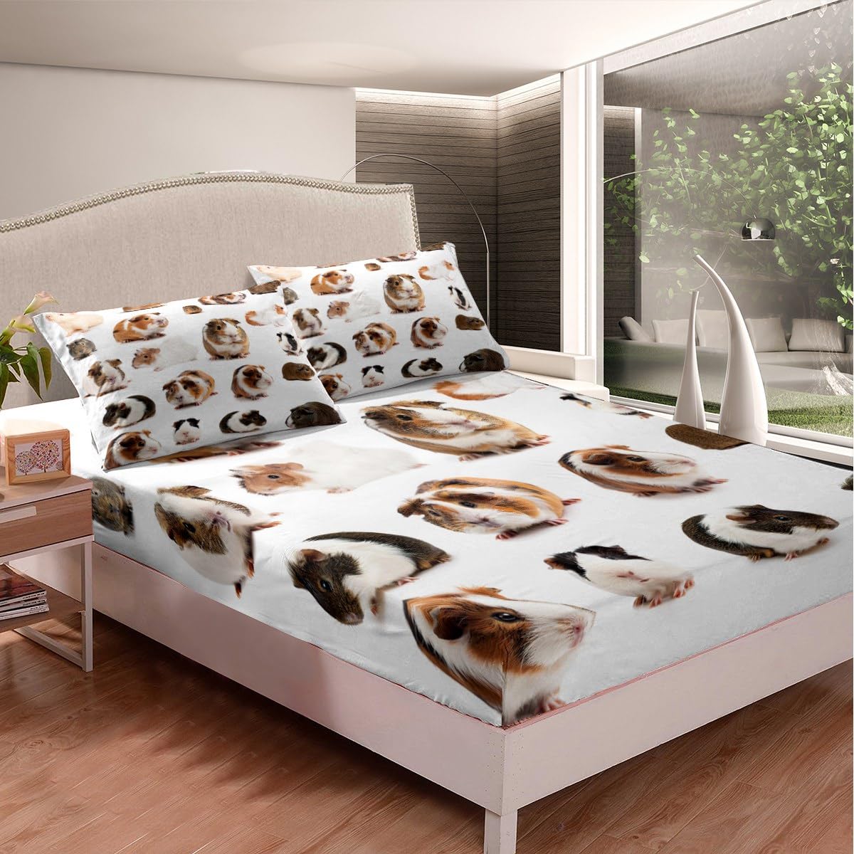 Erosebridal Guinea Pig Fitted Sheet, Kids Rodent Breeds Mouse Bedding Set Full Size, Cute Animal Pet Theme Bed Sheet for Children Boys Girls Bedroom, Lovely Guinea Pig Bed Set, White(No Top Sheet)