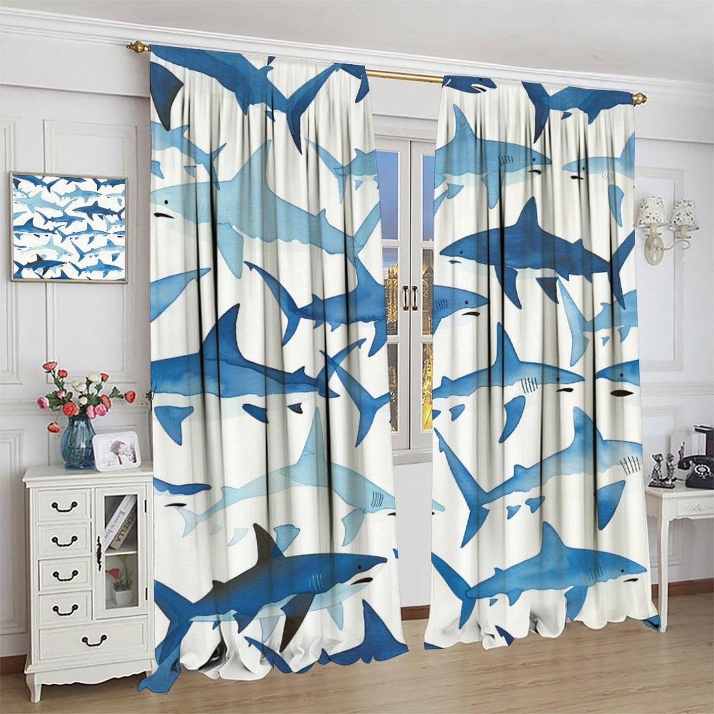 TOWINSFB Ferocious Shark Blackout Curtains for Bedroom Living Room, Repetitive Marine Life Blue Sea Curtains Rod Pocket Thermal Insulated Window Drapes, 2 Panels/Each 21" W x 45" L