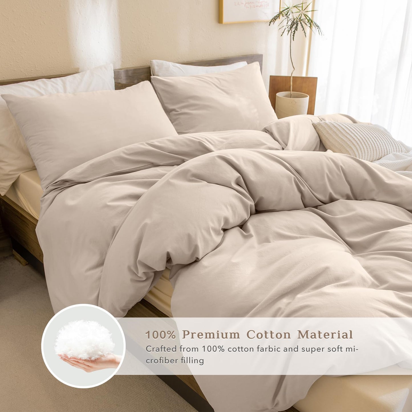 CozyTide King Size Comforter Set,Washed Cotton Boho Bedding Comforter Set Soft Lightweight Fluffy Aesthetic Bedding Set 3 Pieces(1 Beige Khaki Comforter and 2 Pillowcases)