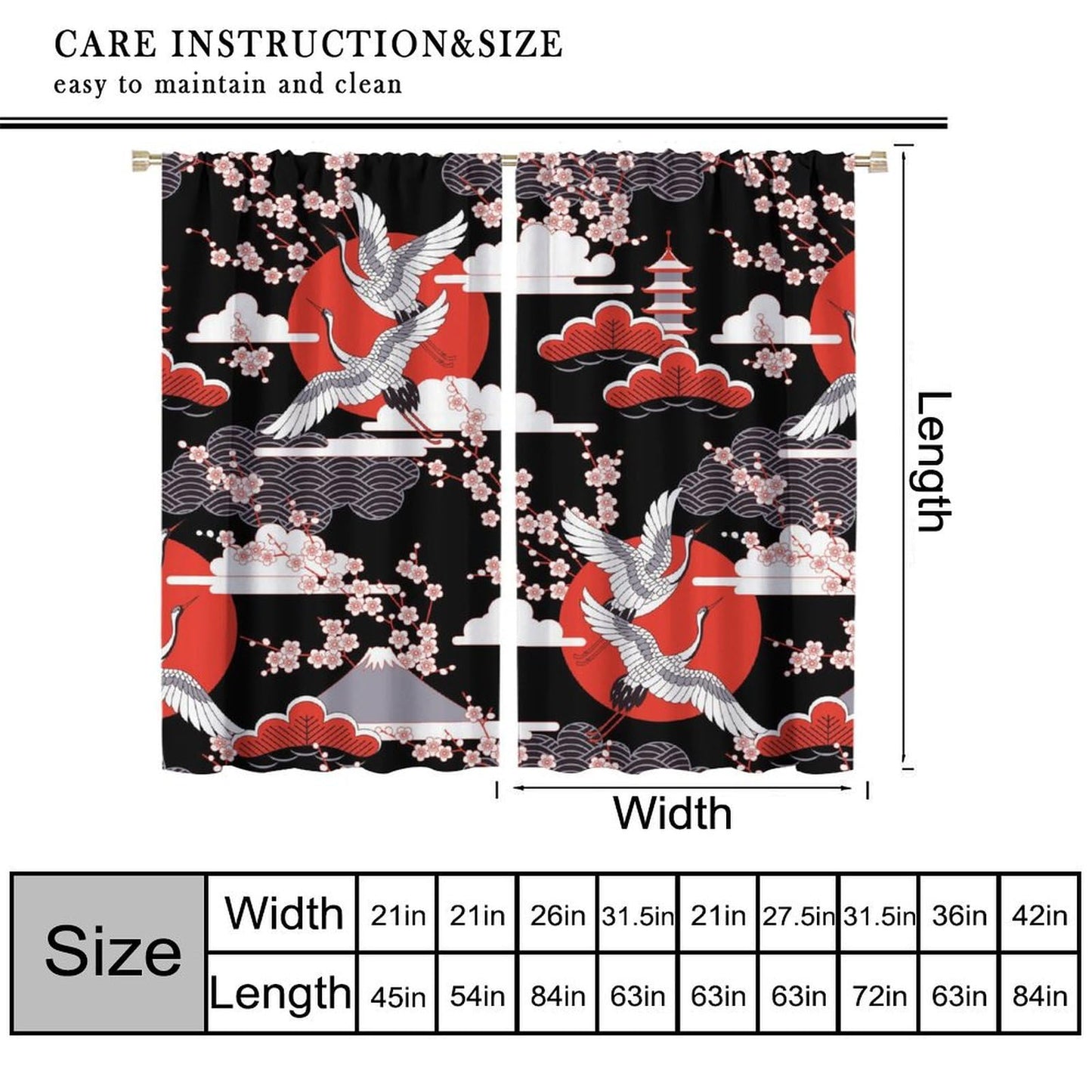 Mchenxin Japanese Crane Bird Curtains, Oriental Traditional Pink Cherry Blossoms Flower Retro Line Geometric Art Window Curtains for Kitchen Bedroom Living Room, 42x45in (No Blackout)